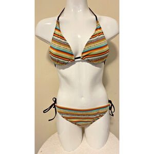 OP rainbow stripe string bikini Brown Lined XL Bottoms (15/17) Med Top(7-9)